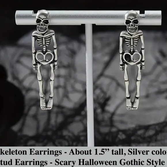 Skeleton Design Stud Earrings - Halloween Silvery , Retro Goth Style - Picture 2 of 5
